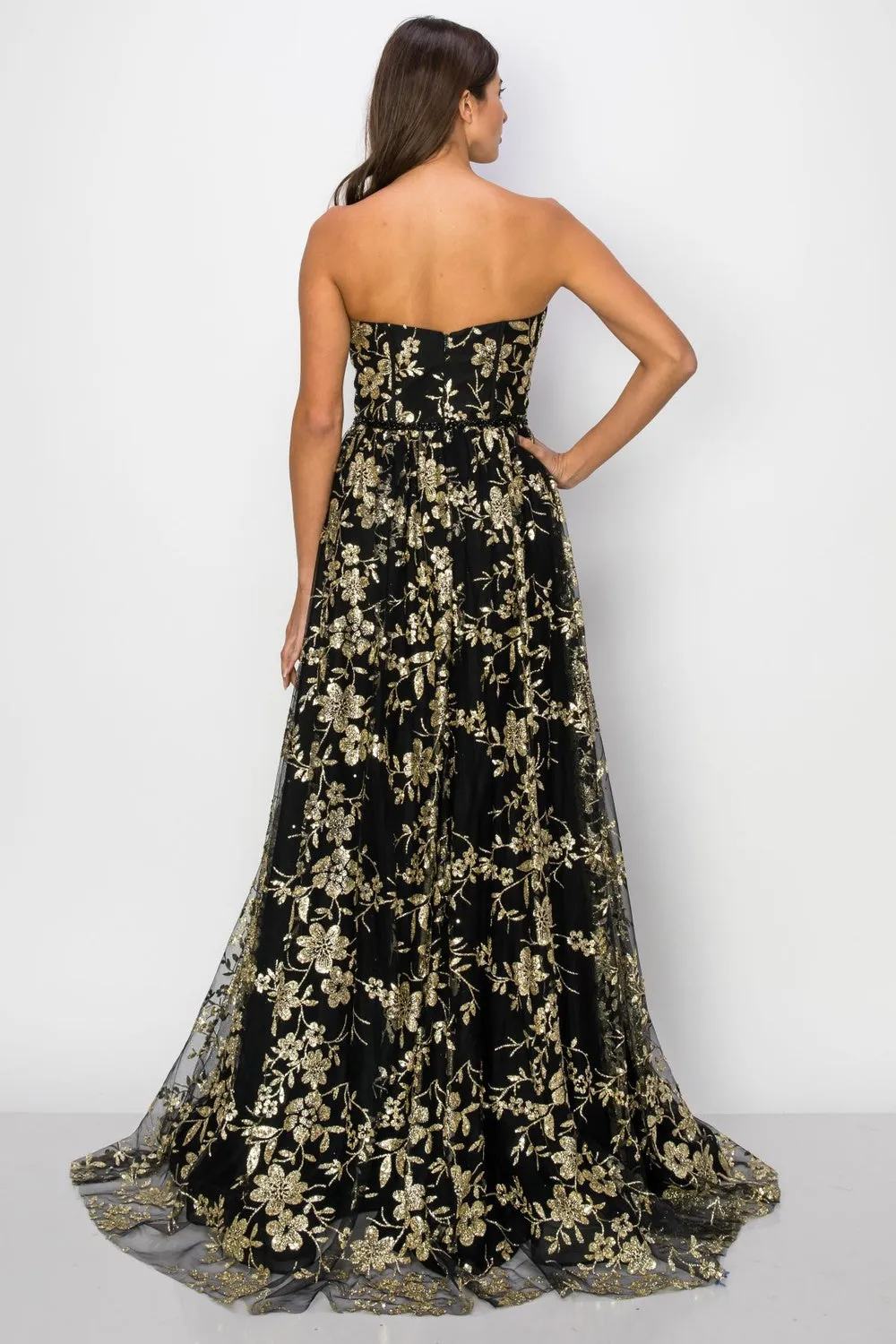 Embroidered Glitter A-Line Strapless Open Back Long Prom Dress