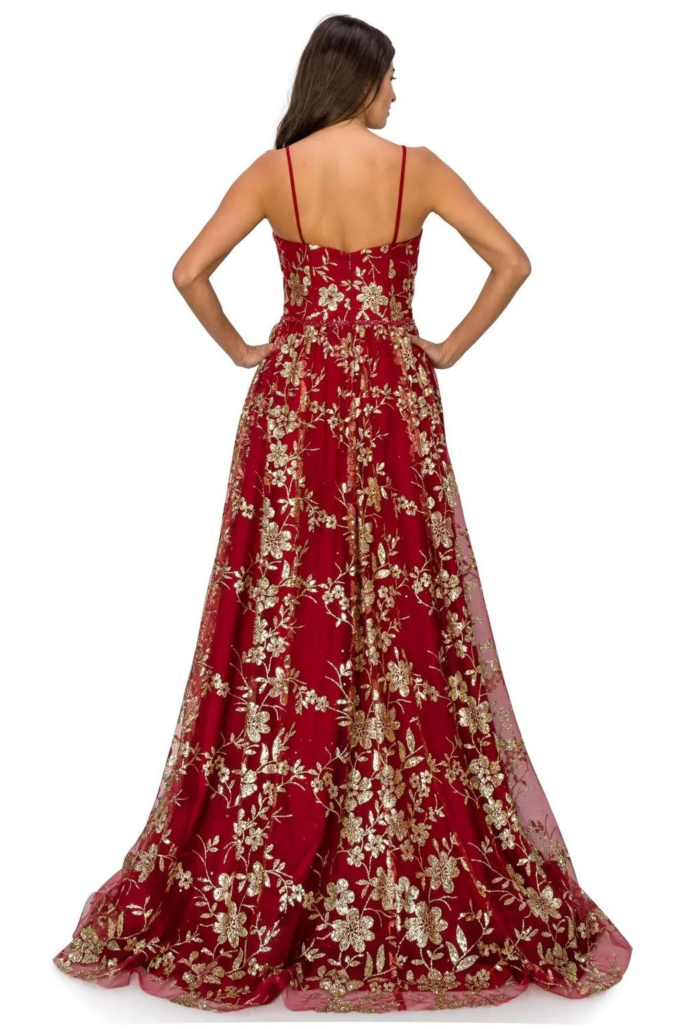 Embroidered Glitter A-Line Strapless Open Back Long Prom Dress