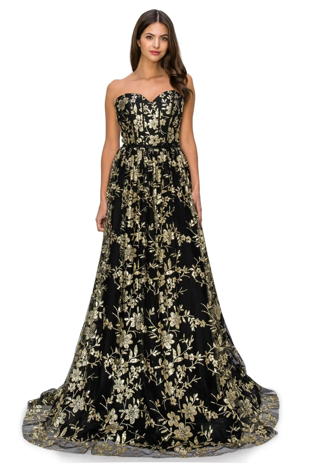 Embroidered Glitter A-Line Strapless Open Back Long Prom Dress