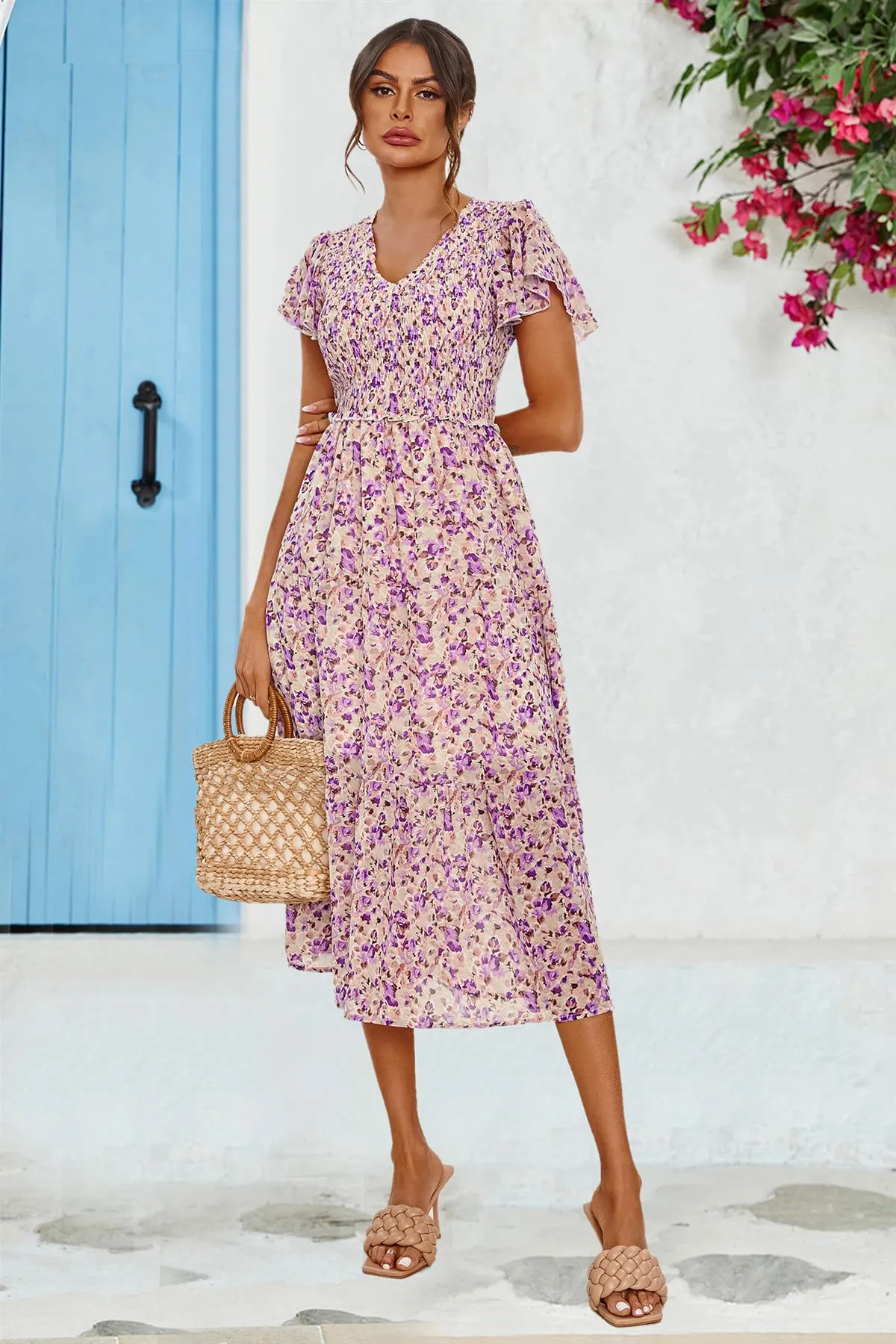 Floral Print Angel Sleeve Midi Dress In Purple