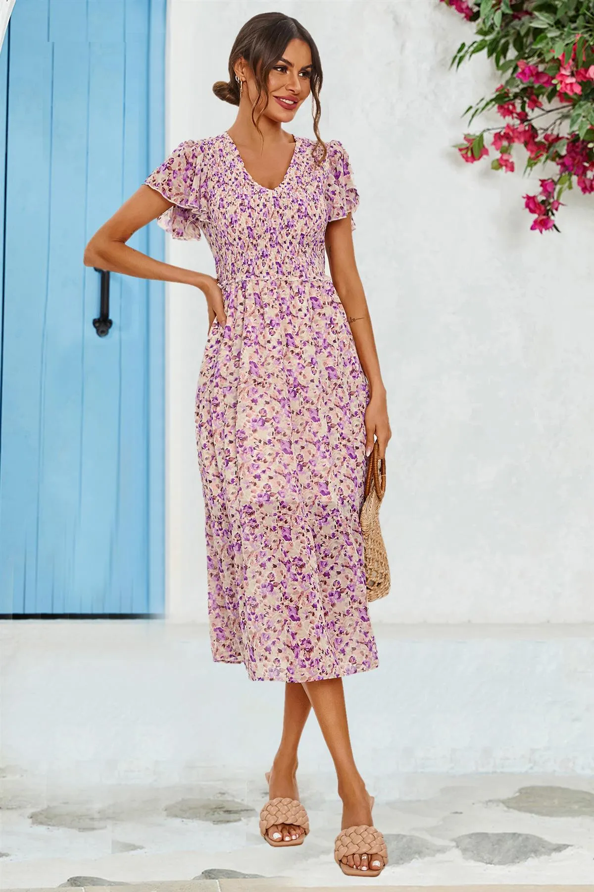 Floral Print Angel Sleeve Midi Dress In Purple