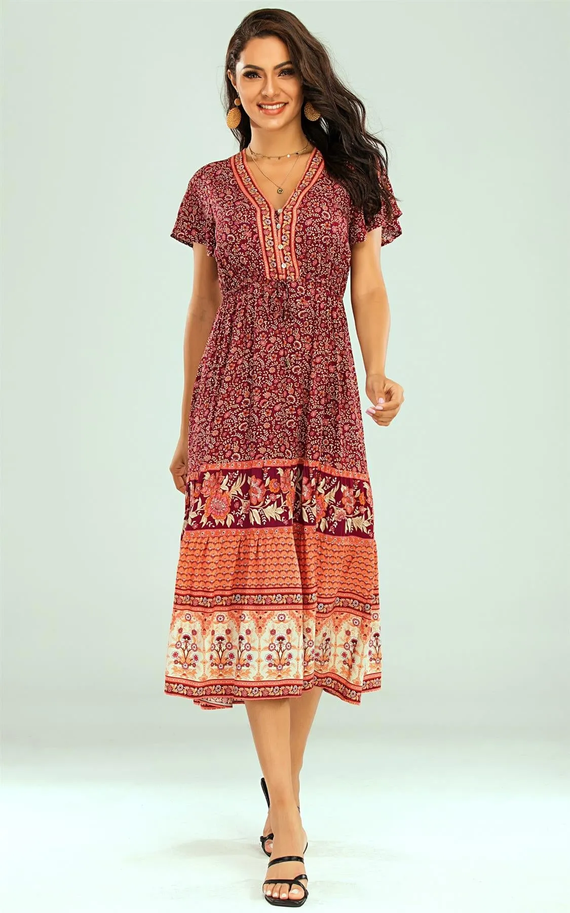 Floral Printed Tiered Midi Dress In Red