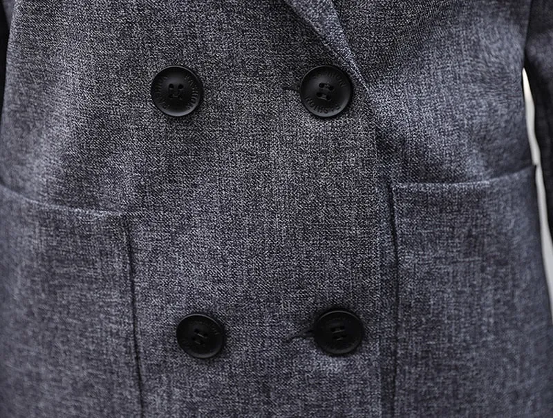 Formal Gray Office Lady Suit with Double Breasted Blazer and Long Pants