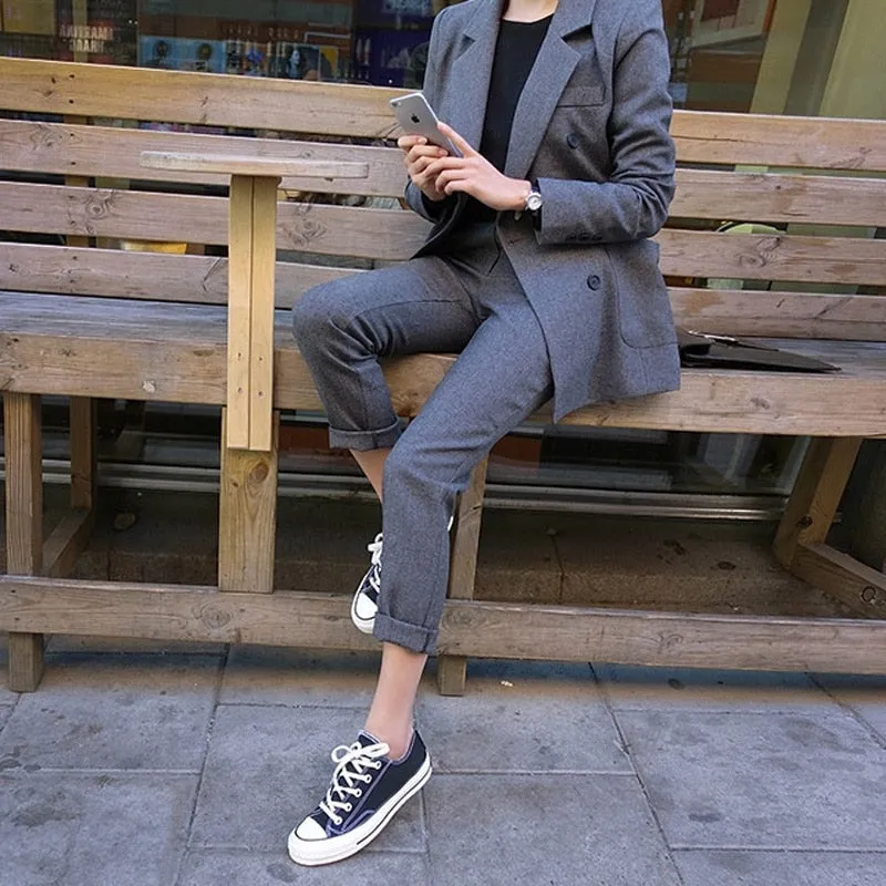 Formal Gray Office Lady Suit with Double Breasted Blazer and Long Pants