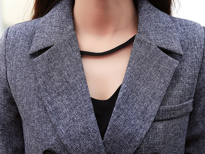 Formal Gray Office Lady Suit with Double Breasted Blazer and Long Pants