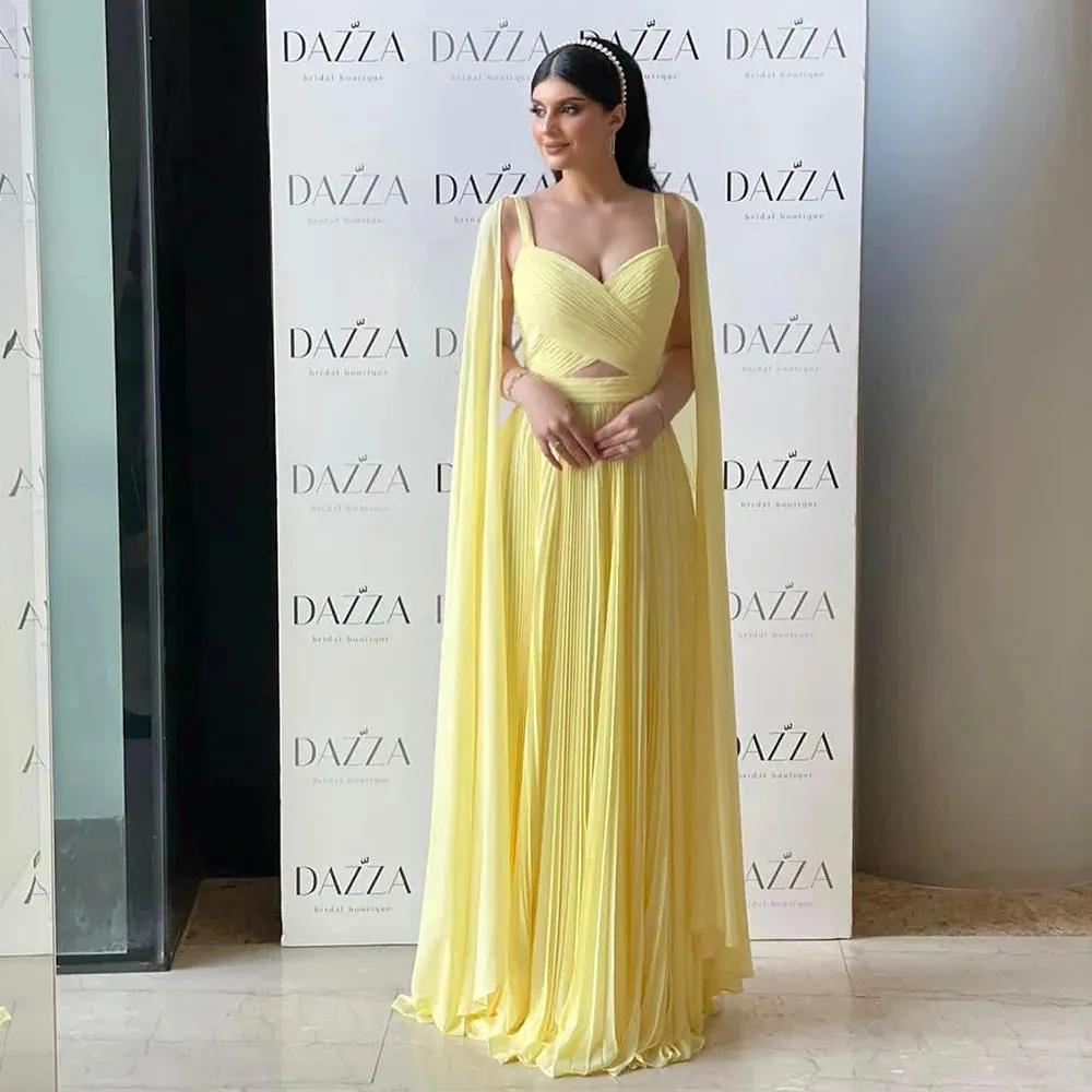 Fuchsia Chiffon Dubai Evening Dresses with Cape Sleeves Elegant Yellow Women Wedding Party Formal Gowns