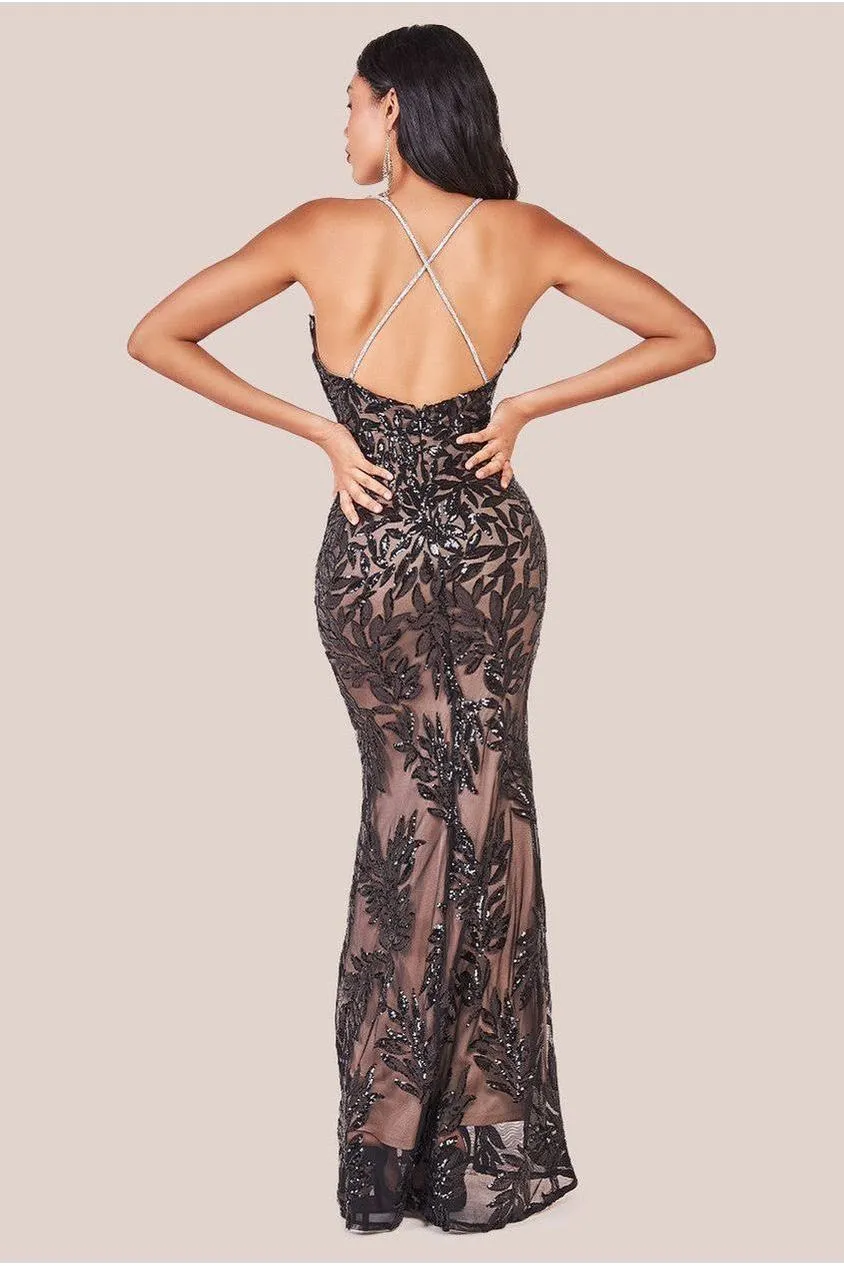 Goddiva Cross Back Diamante Strap Sequin Maxi - Black