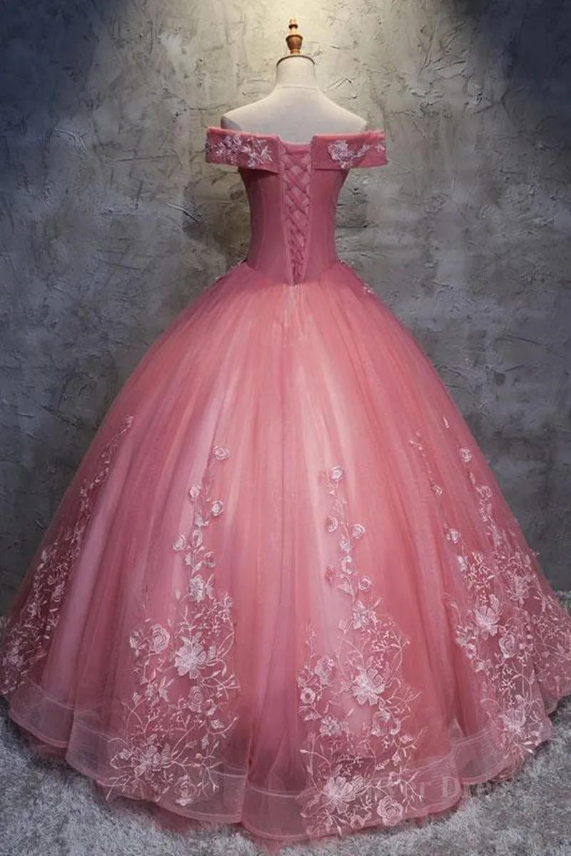 Gorgeous Off the Shoulder Pink Lace Appliques Long Prom Dress Off Shoulder Pink Formal Dress Pink Evening Dress Ball Gown