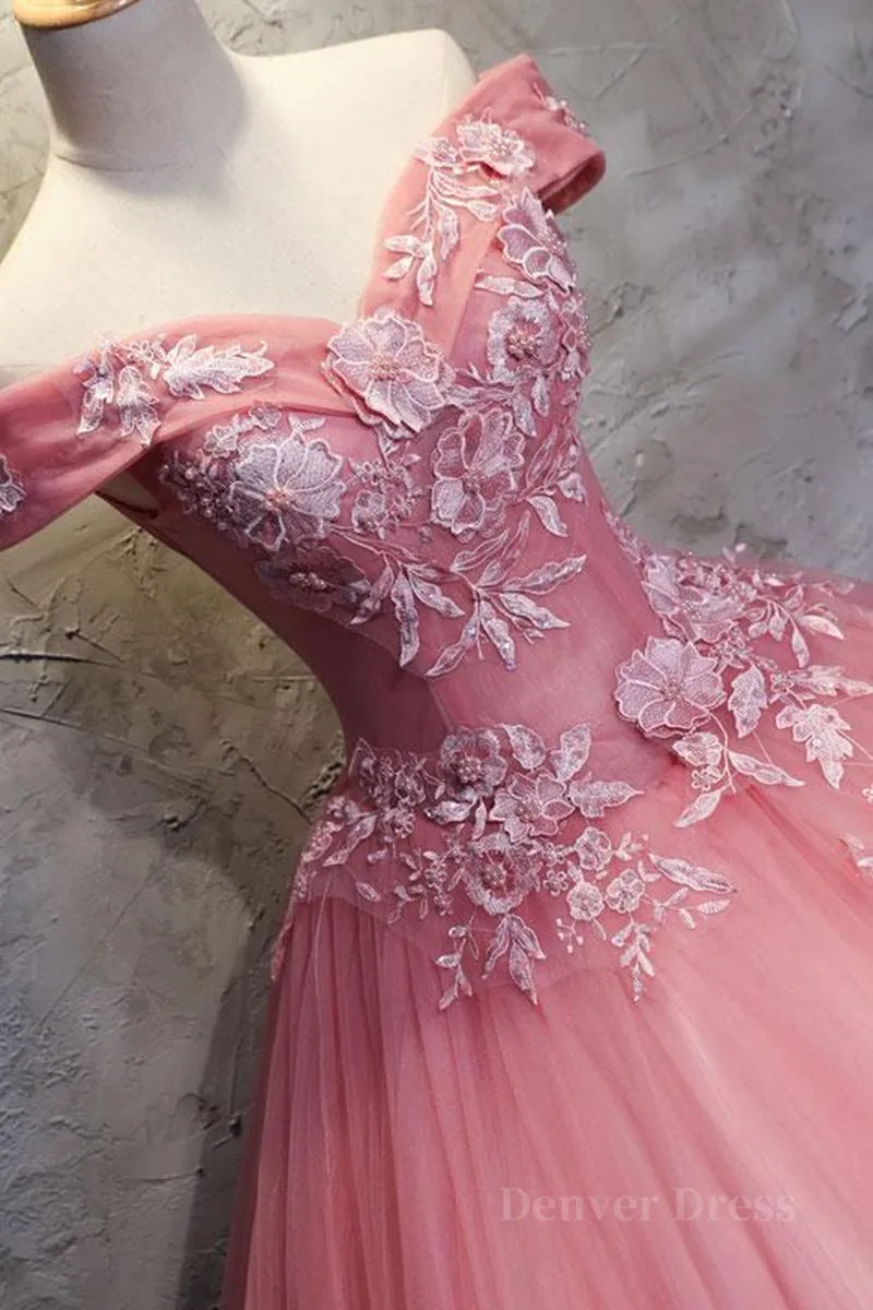 Gorgeous Off the Shoulder Pink Lace Appliques Long Prom Dress Off Shoulder Pink Formal Dress Pink Evening Dress Ball Gown