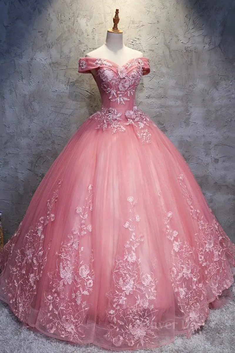 Gorgeous Off the Shoulder Pink Lace Appliques Long Prom Dress Off Shoulder Pink Formal Dress Pink Evening Dress Ball Gown
