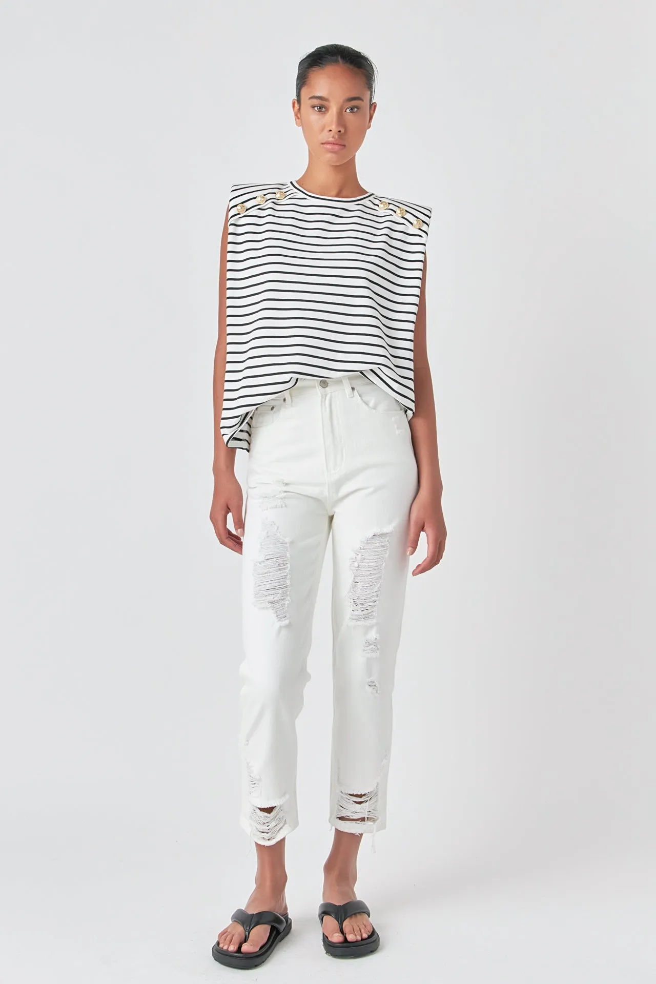 Grey Lab - High-Waisted Distressed Straight Leg Jeans