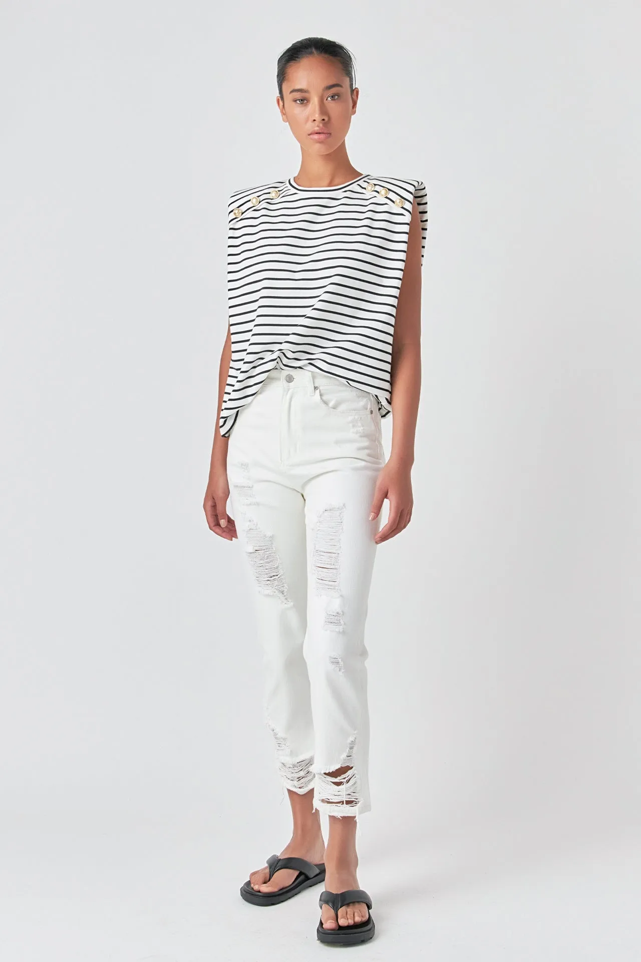 Grey Lab - High-Waisted Distressed Straight Leg Jeans