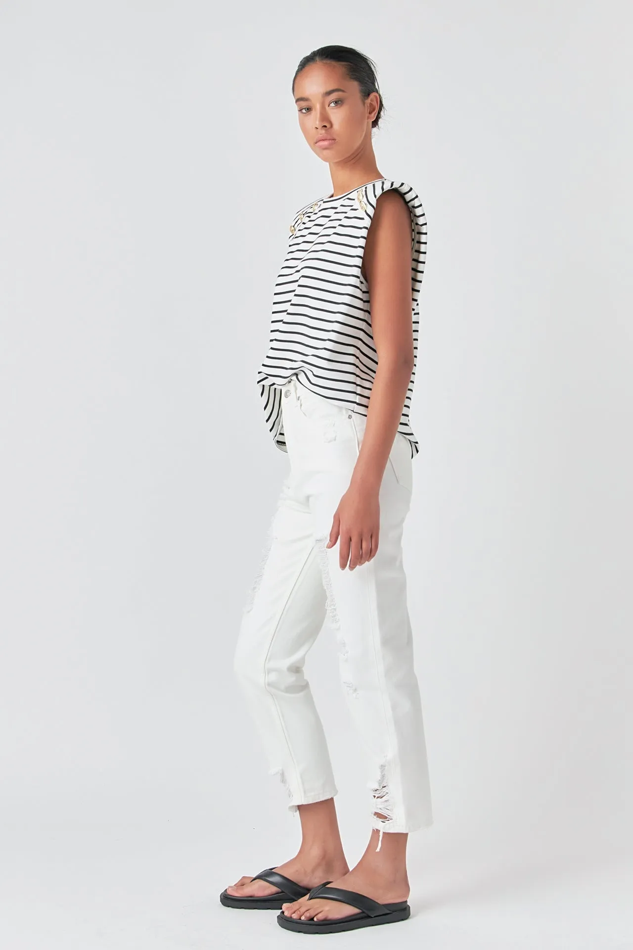 Grey Lab - High-Waisted Distressed Straight Leg Jeans