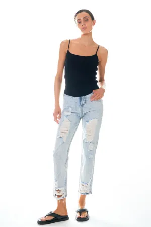 Grey Lab - High-Waisted Distressed Straight Leg Jeans