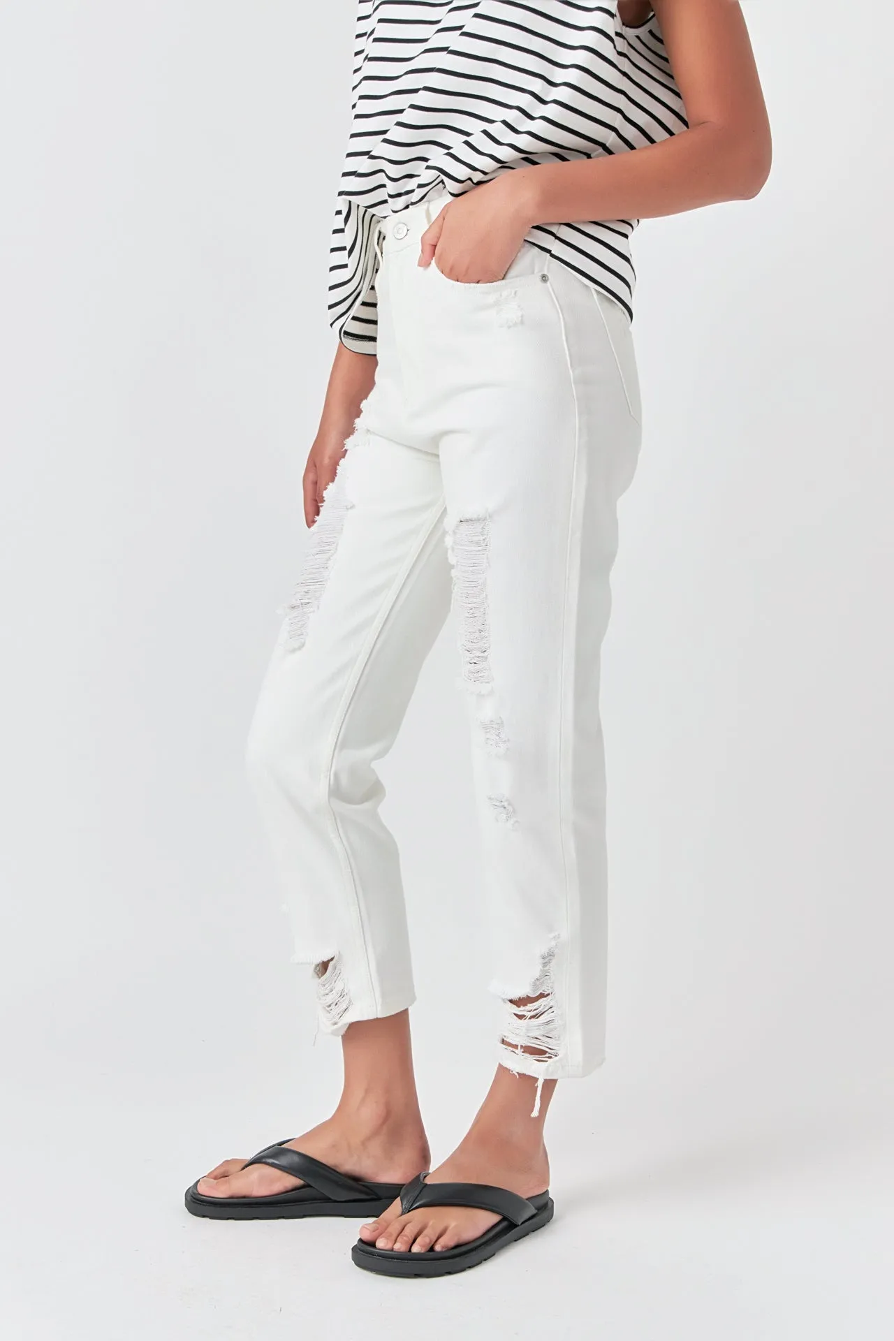 Grey Lab - High-Waisted Distressed Straight Leg Jeans