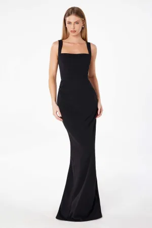 Illusion Scoop Neck Sleeveless Evening Dress with Spaghetti Straps and Open Criss-Cross Back