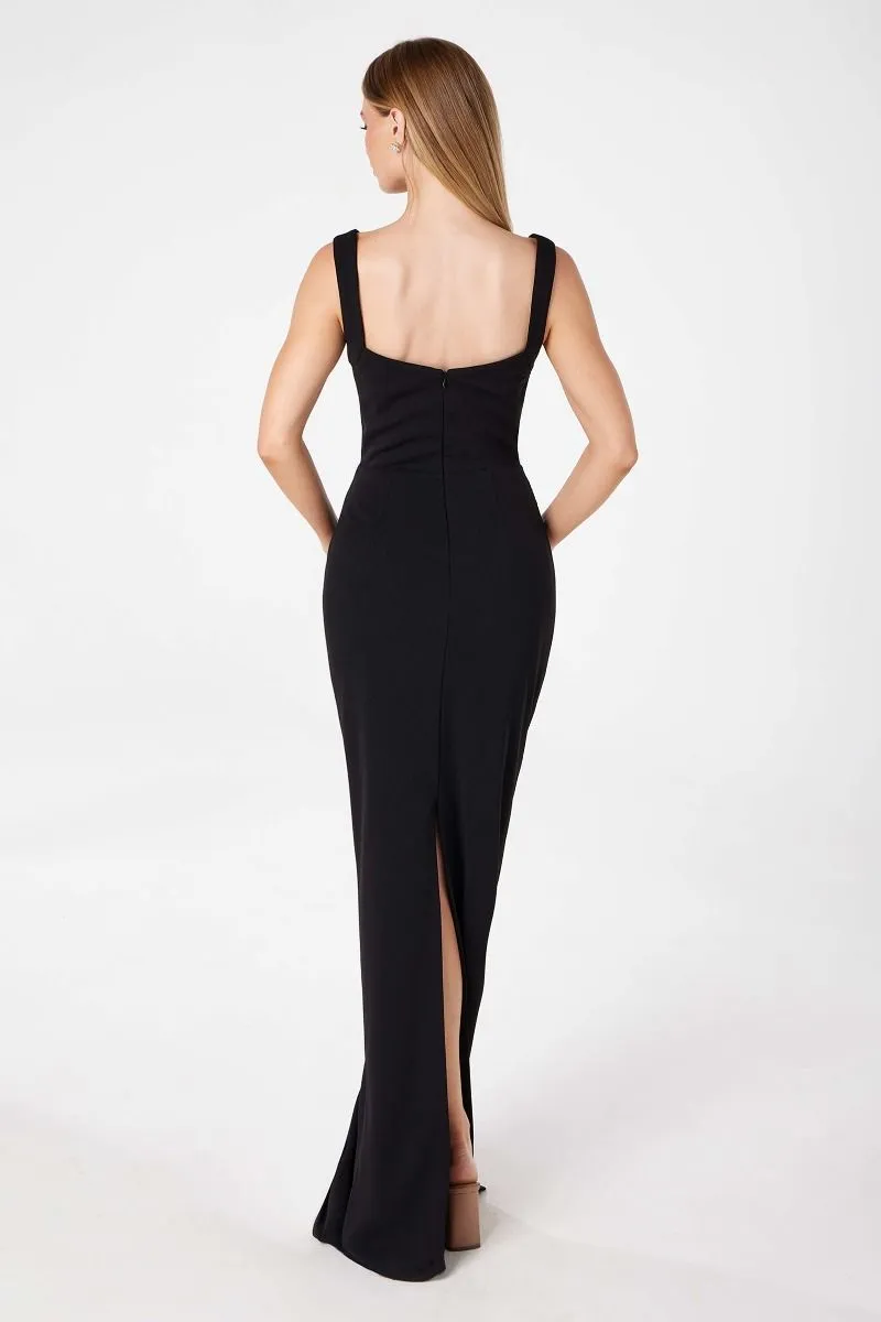 Illusion Scoop Neck Sleeveless Evening Dress with Spaghetti Straps and Open Criss-Cross Back