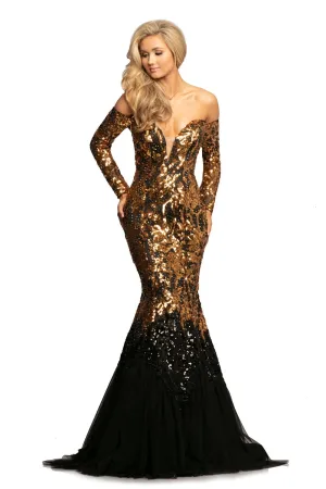 Johnathan Kayne 2062 Gold Black size 8, 10 Evening Gown Off the Shoulder Sequin Mermaid Prom Dress Pageant Gown