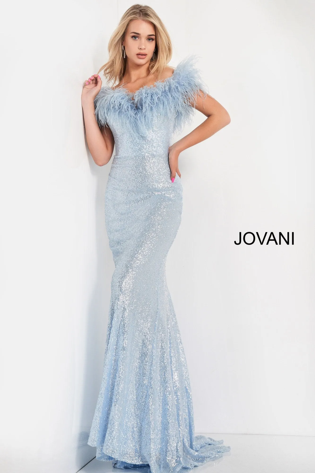 Jovani 06166 Size 12 Blue Long Fitted Sequin Formal Dress Feather off the Shoulder Mermaid