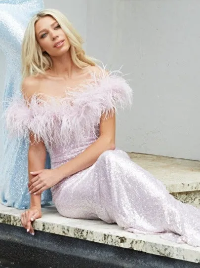 Jovani 06166 Size 12 Blue Long Fitted Sequin Formal Dress Feather off the Shoulder Mermaid