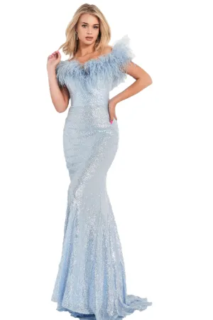 Jovani 06166 Size 12 Blue Long Fitted Sequin Formal Dress Feather off the Shoulder Mermaid