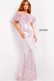 Jovani 06166 Size 12 Blue Long Fitted Sequin Formal Dress Feather off the Shoulder Mermaid