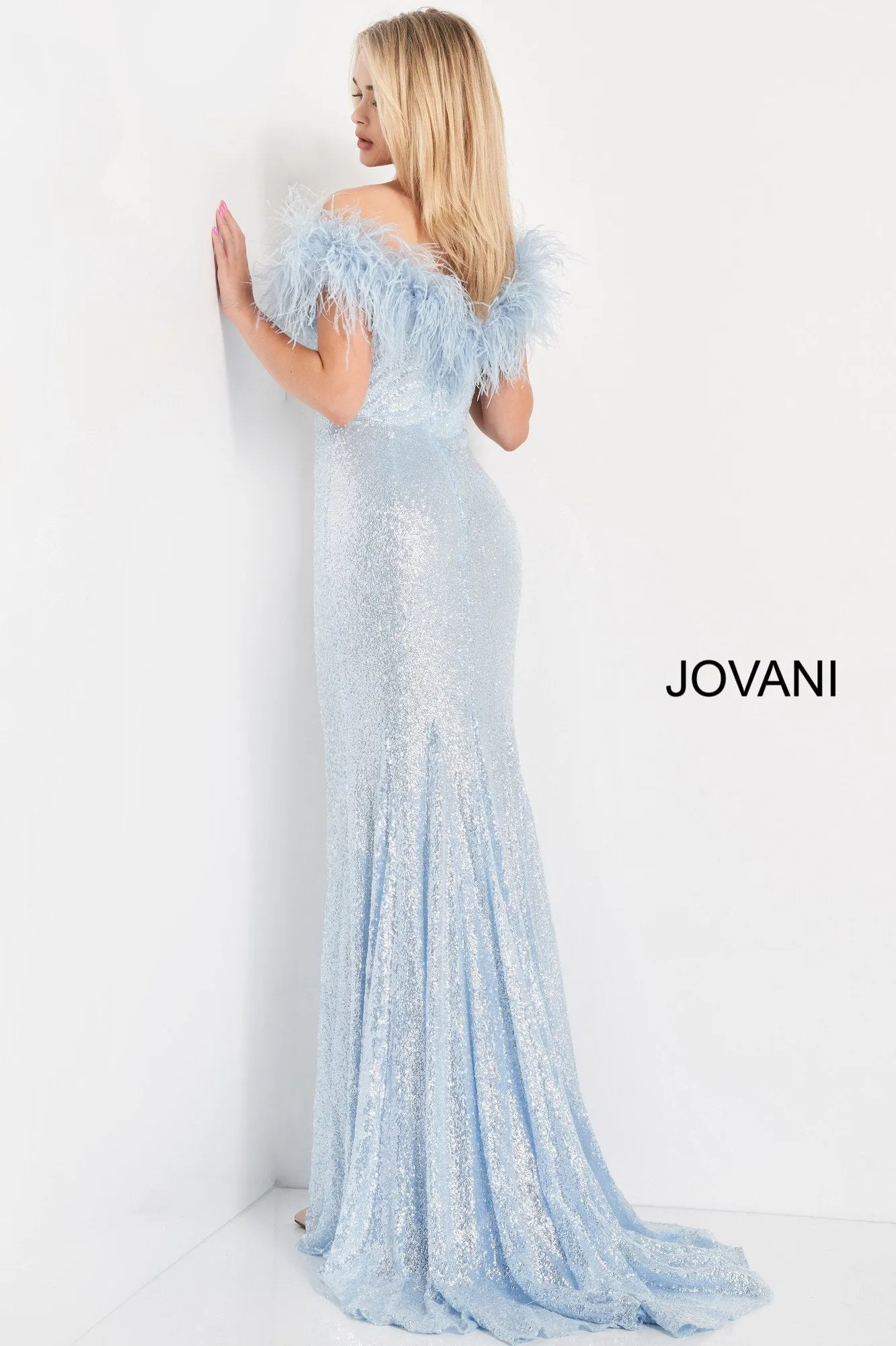 Jovani 06166 Size 12 Blue Long Fitted Sequin Formal Dress Feather off the Shoulder Mermaid