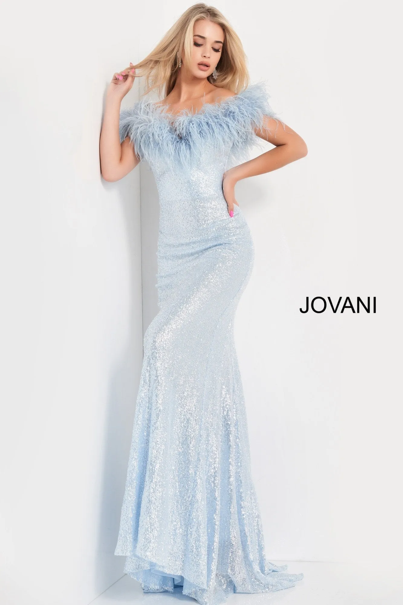 Jovani 06166 Size 12 Blue Long Fitted Sequin Formal Dress Feather off the Shoulder Mermaid