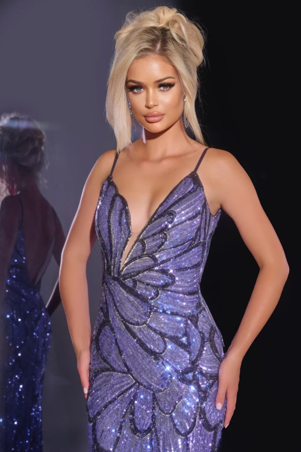 Jovani 42600 Long Fitted Sequin Prom Dress  Formal Evening Gown plunging V Neck scalloped