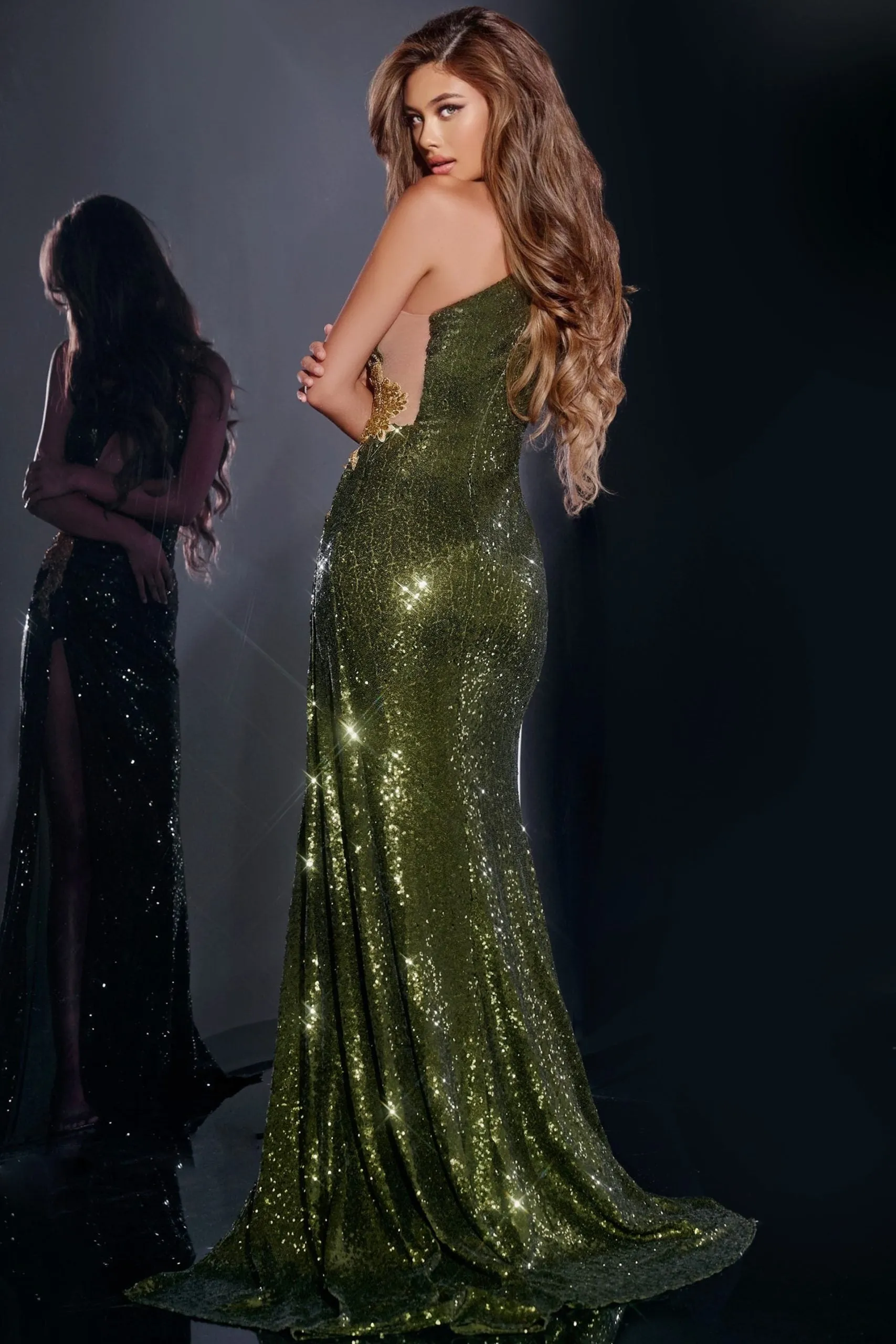 Jovani D5001 Sequin one shoulder cut out Formal Dress Evening Gown Overskirt High Slit sheer