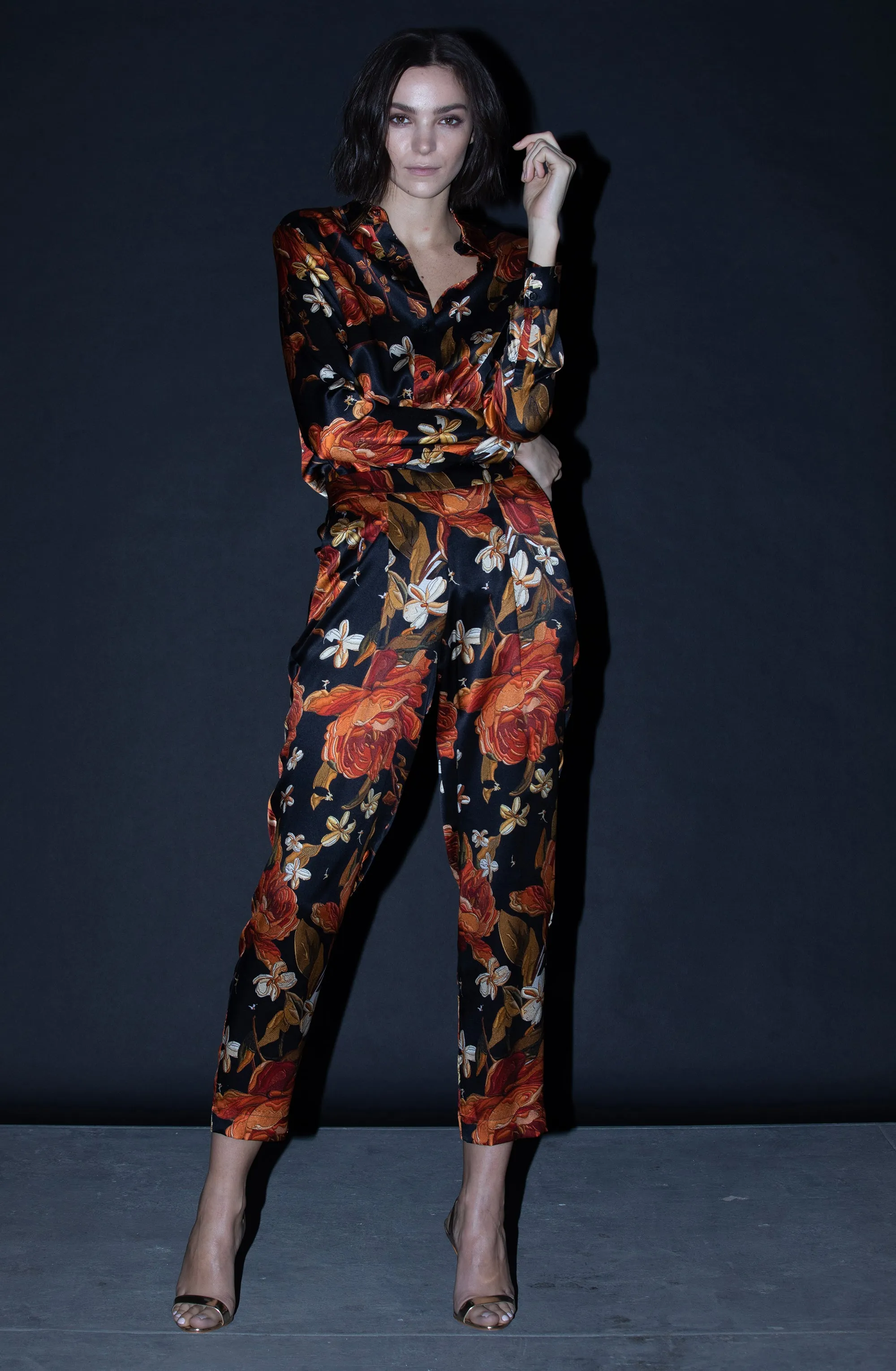 Long Sleeve Blouse   Embroidered Rose Silk