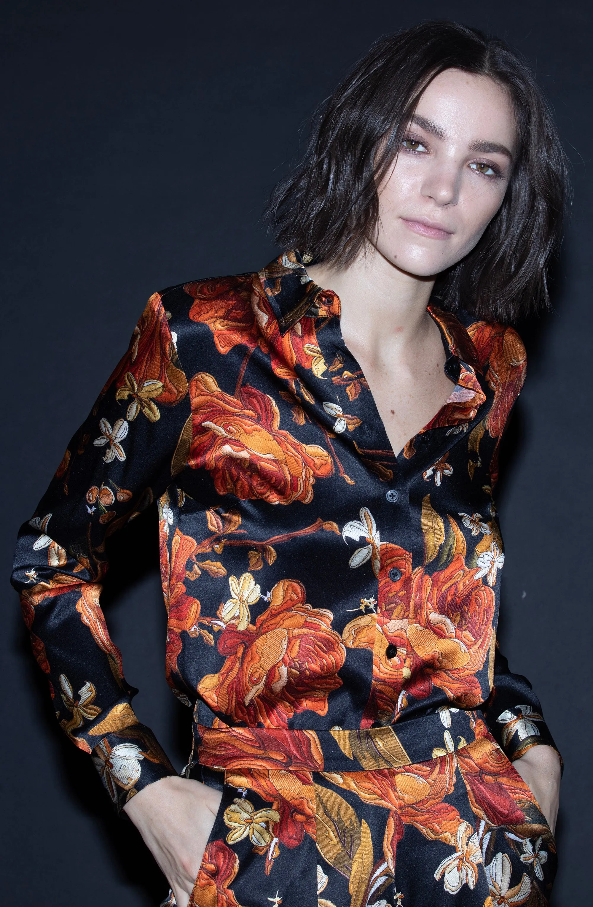 Long Sleeve Blouse   Embroidered Rose Silk