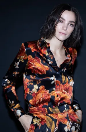 Long Sleeve Blouse   Embroidered Rose Silk