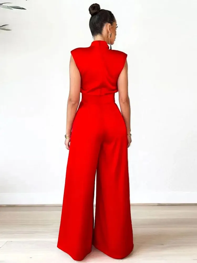 Mockneck Sleeveless High Waist Wide Leg Jumpsuit