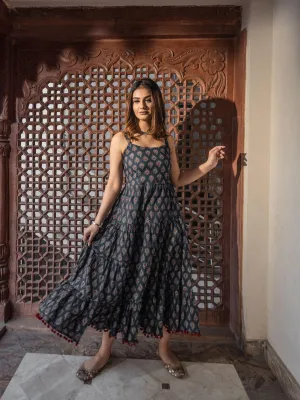 Navy Blue Buti Printed Shoulder Strip Long Dress