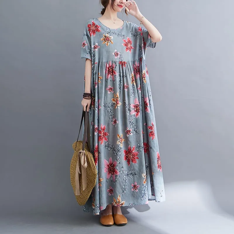 New Fashion Print Floral Prairie Chic Travel Style Casual Dress Thin Soft Cotton Blend Loose Long Maxi Women Summer Dress X4492262
