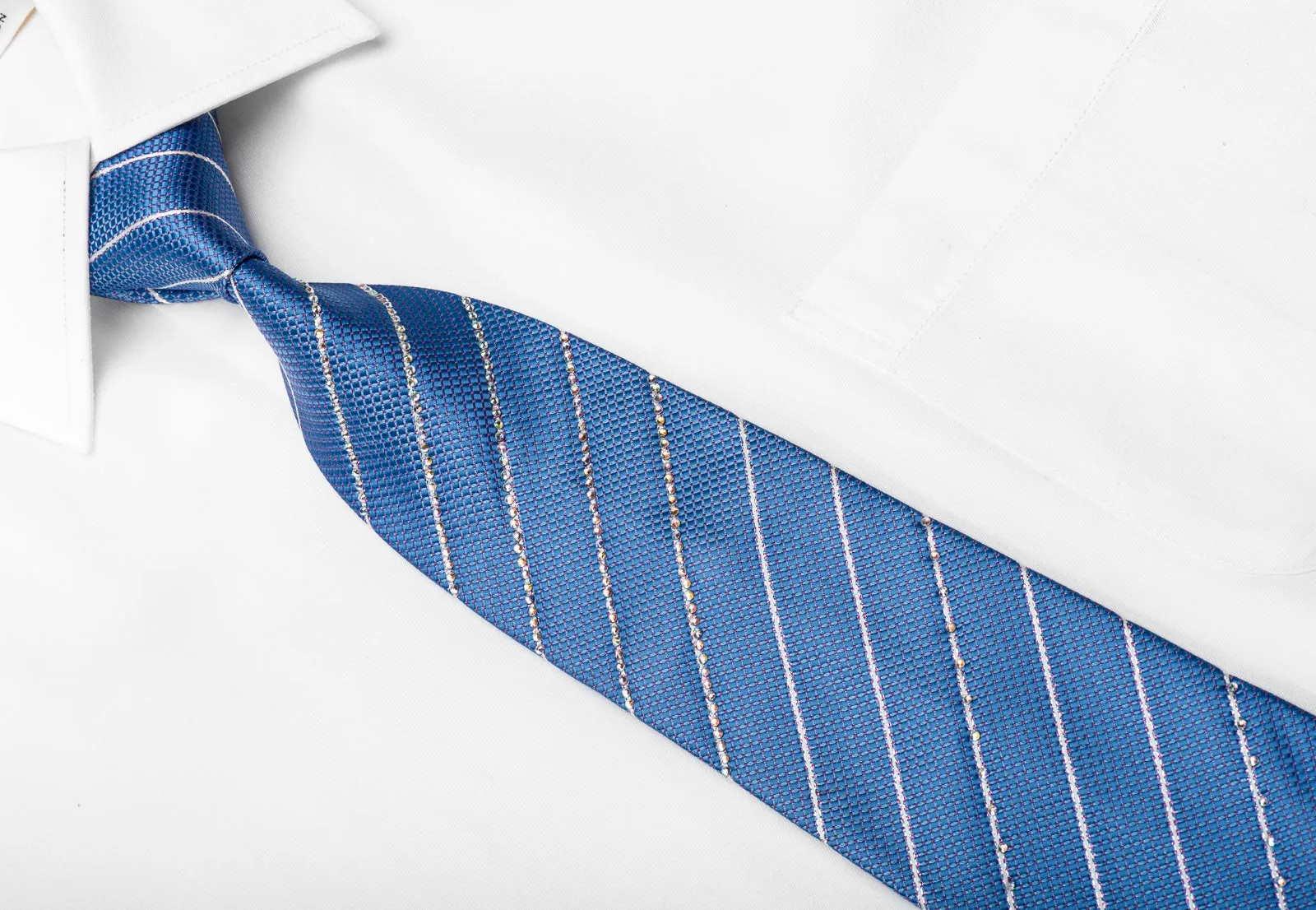Nicole St Giles Men's Crystal Rhinestone Silk Necktie Crystal Striped On Blue With Sparkles