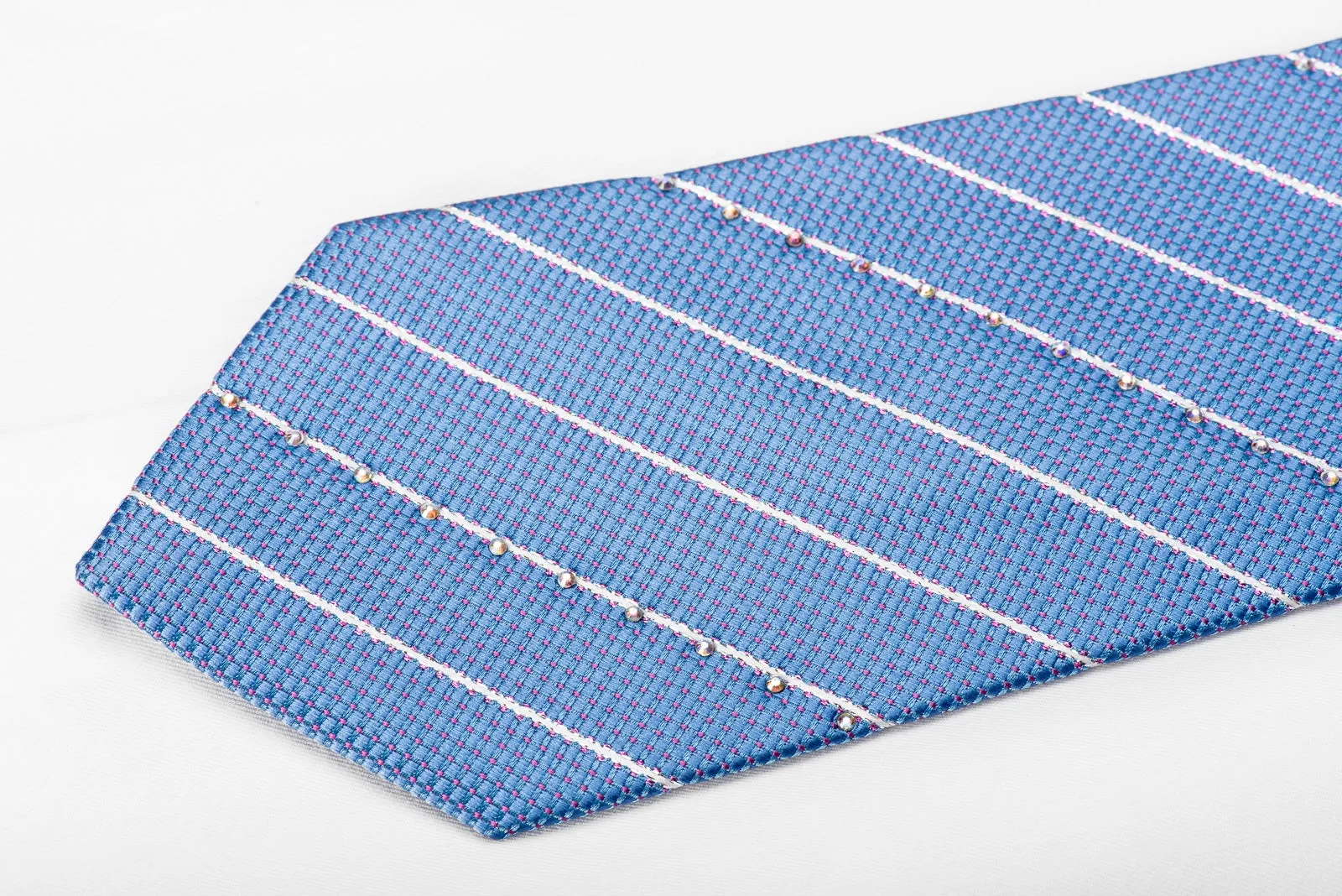 Nicole St Giles Men's Crystal Rhinestone Silk Necktie Crystal Striped On Blue With Sparkles