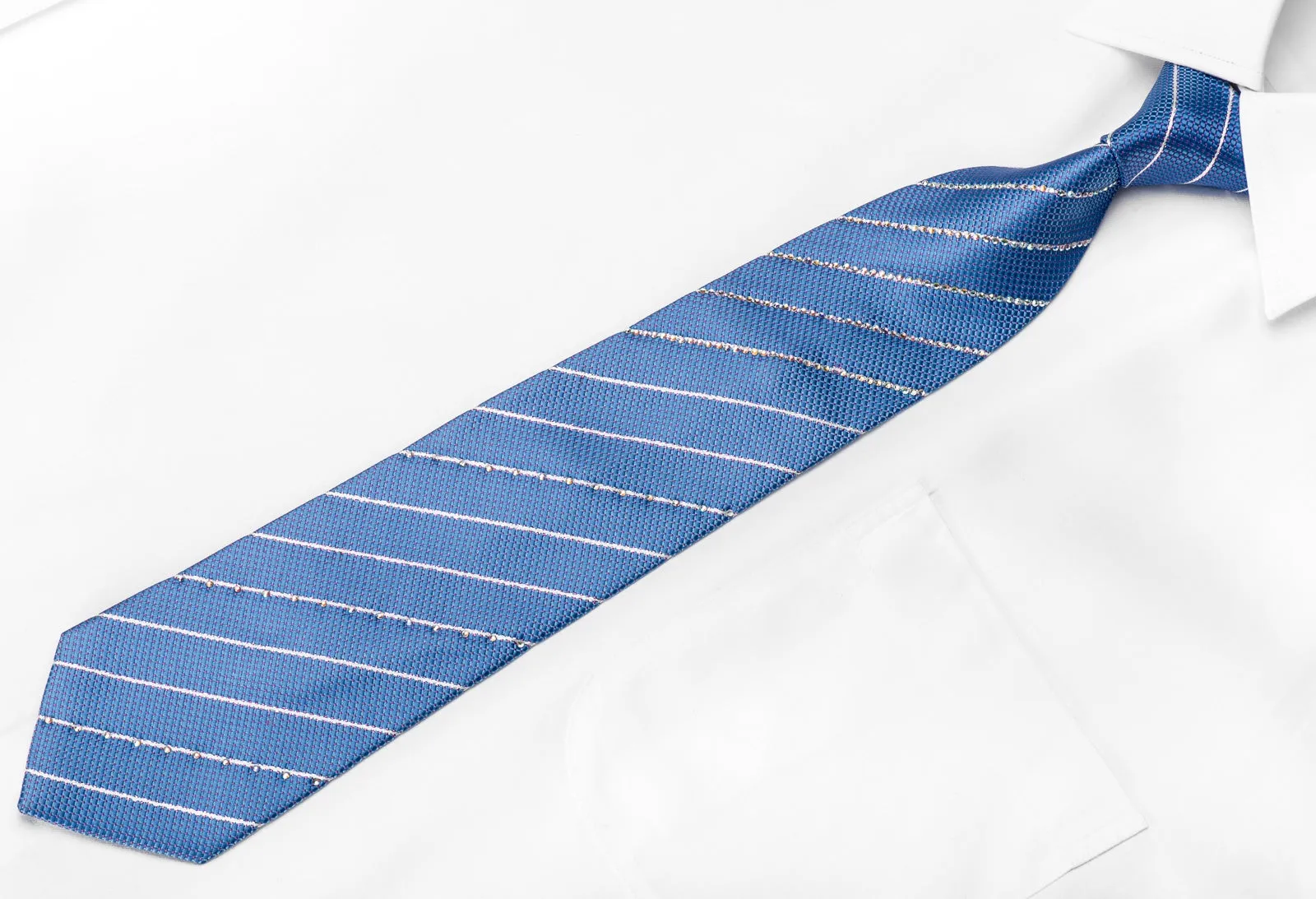Nicole St Giles Men's Crystal Rhinestone Silk Necktie Crystal Striped On Blue With Sparkles