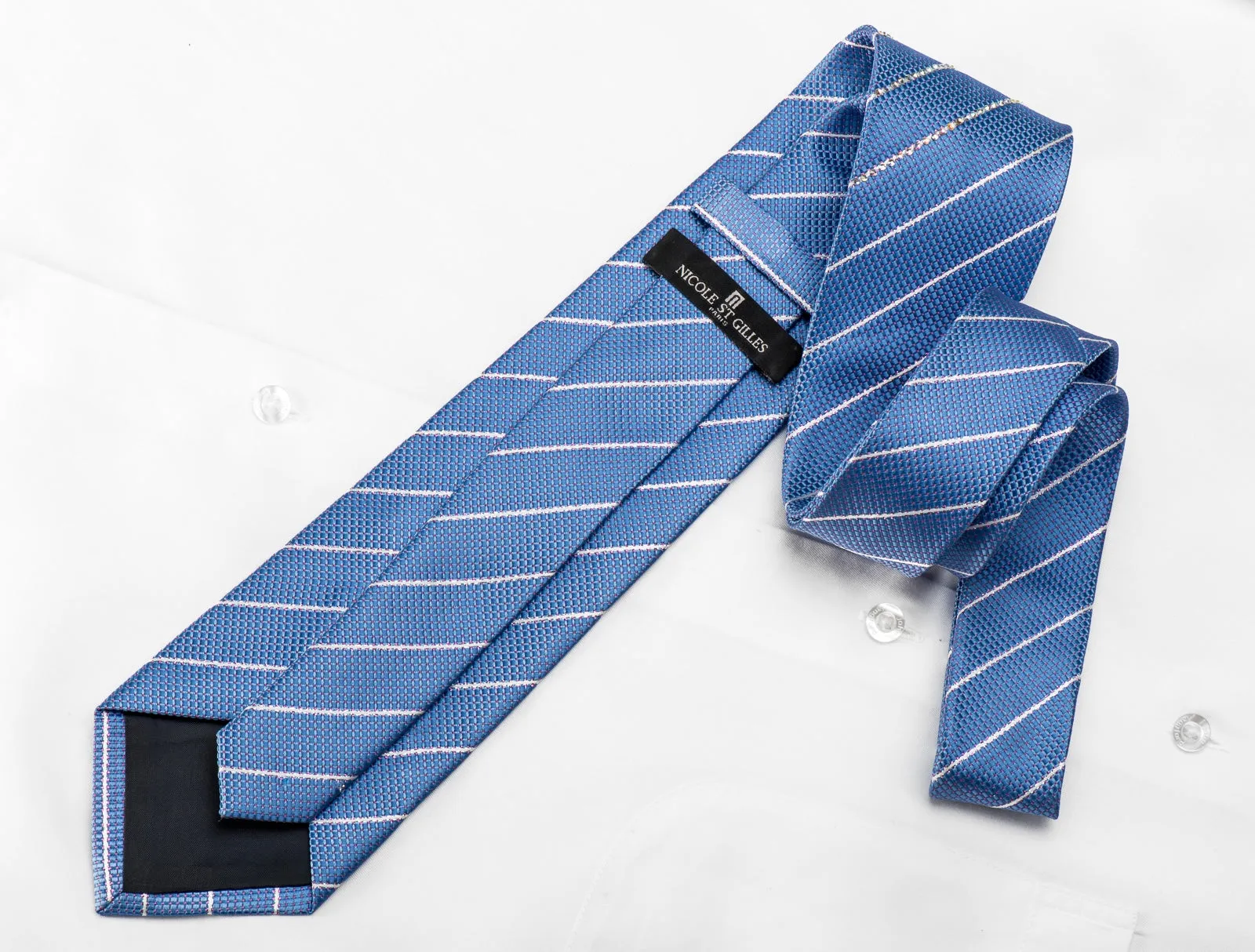 Nicole St Giles Men's Crystal Rhinestone Silk Necktie Crystal Striped On Blue With Sparkles