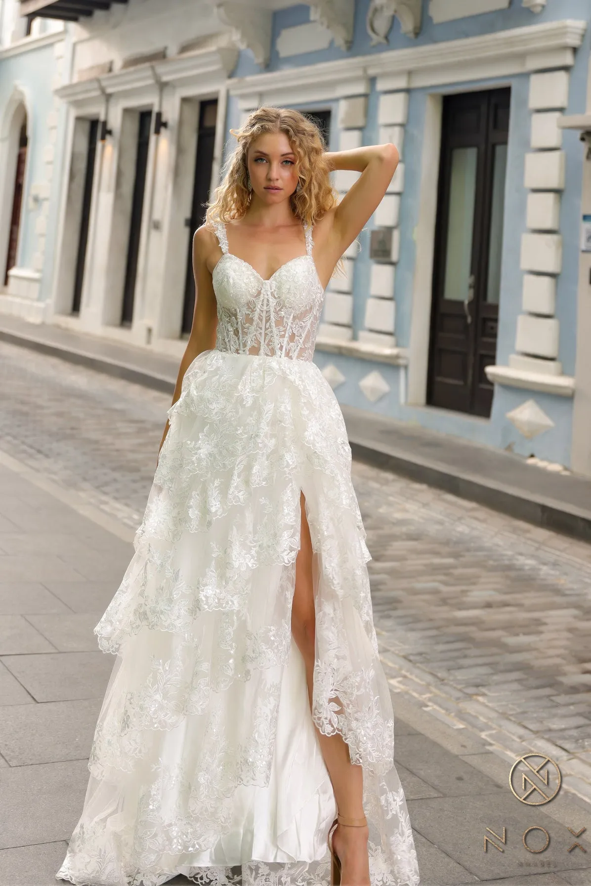 Nox Anabel T1335 A Line Ruffle Slit Prom Dress Sheer Lace Corset off the shoulder Pageant Gown