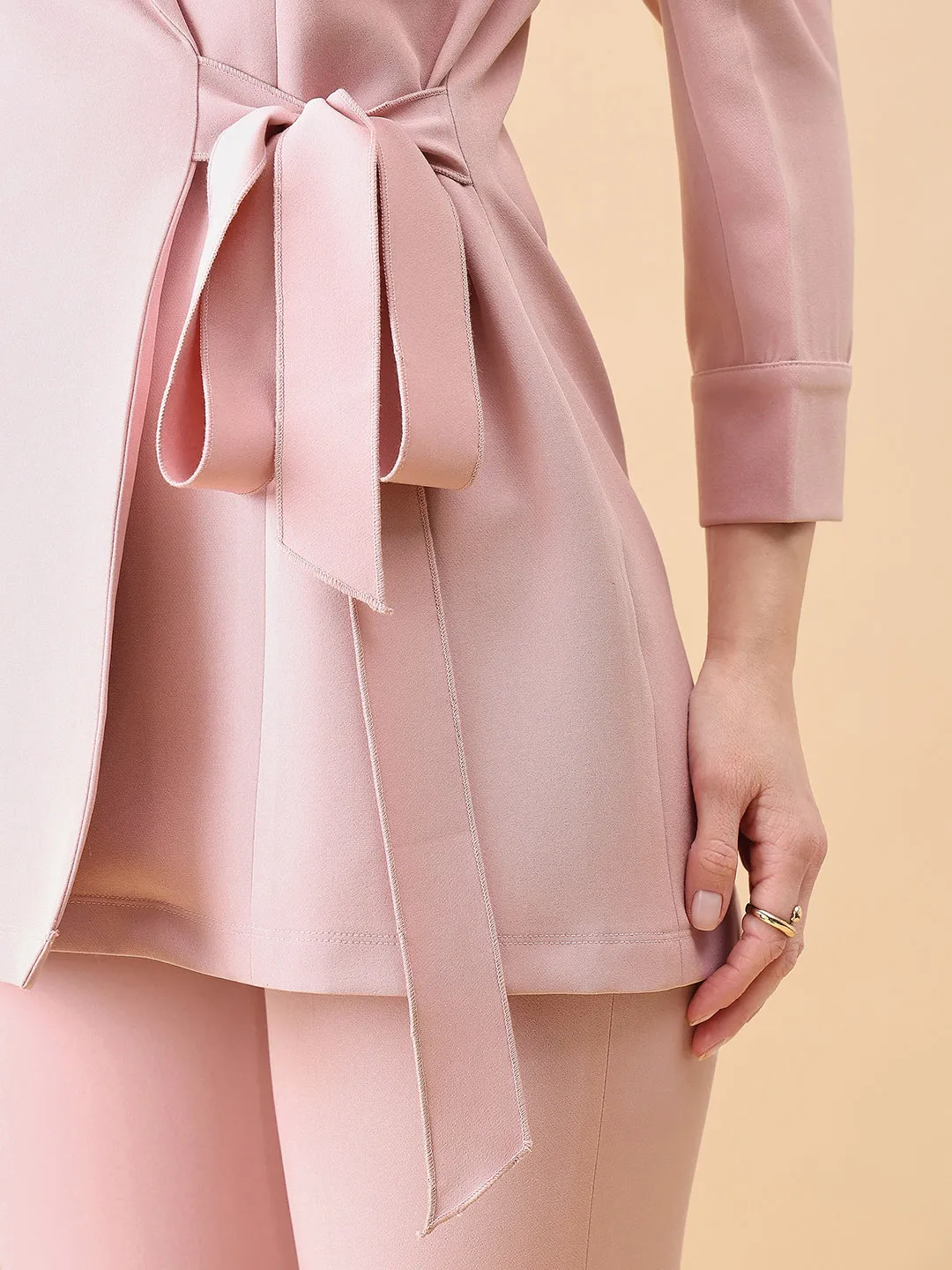Pink Linen Tie Stretch Pant Suit