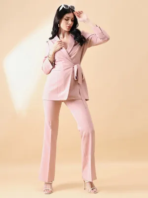 Pink Linen Tie Stretch Pant Suit