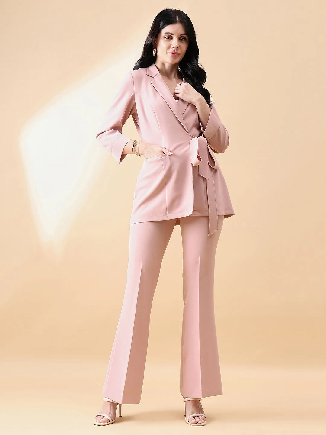 Pink Linen Tie Stretch Pant Suit