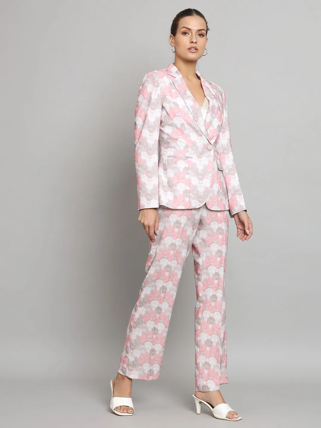 Pink Printed Full Sleeves Blazer & Pant Set