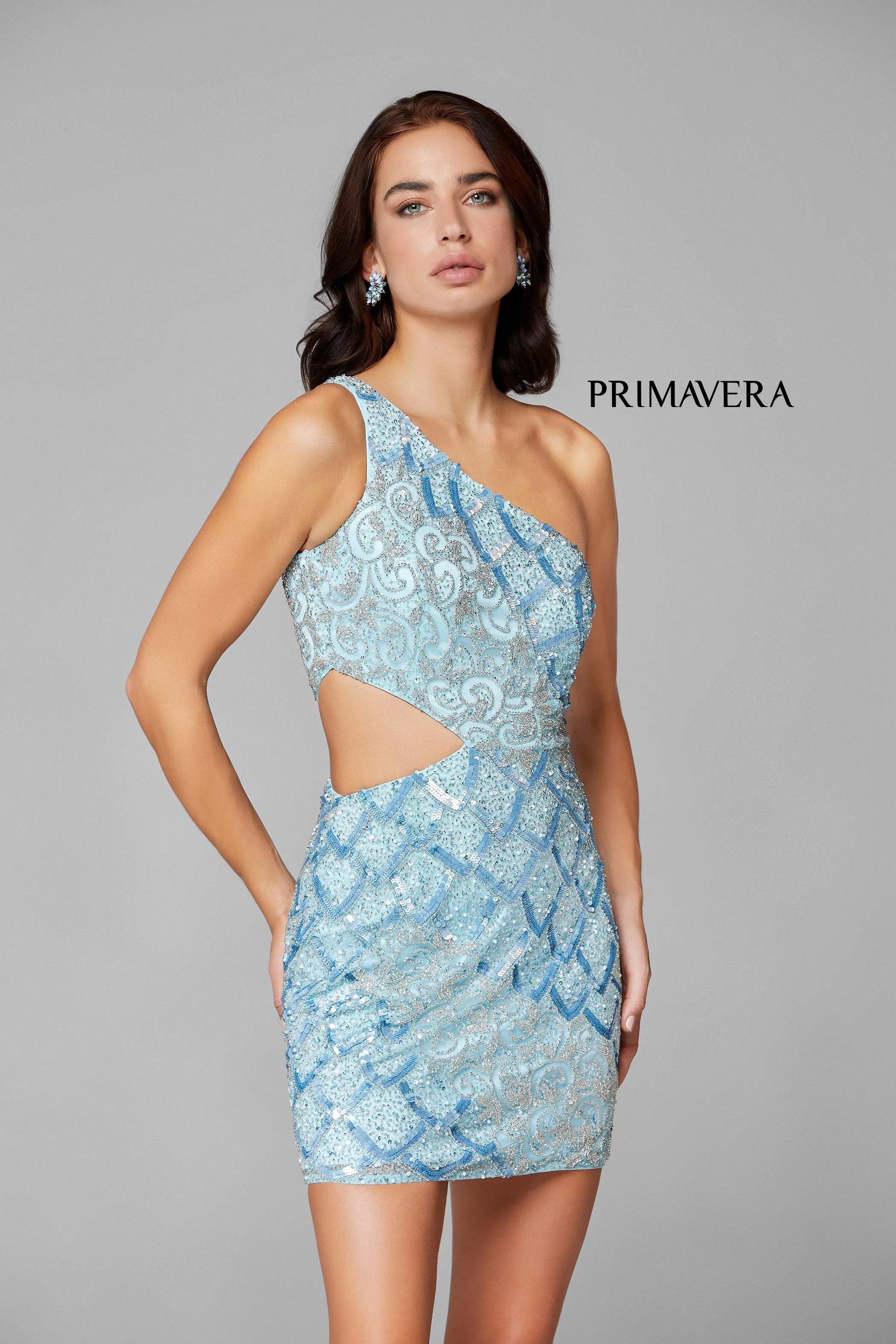 Primavera Couture 3504 Size 0 Powder Blue One shoulder Cut Out Embellished Cocktail Dress