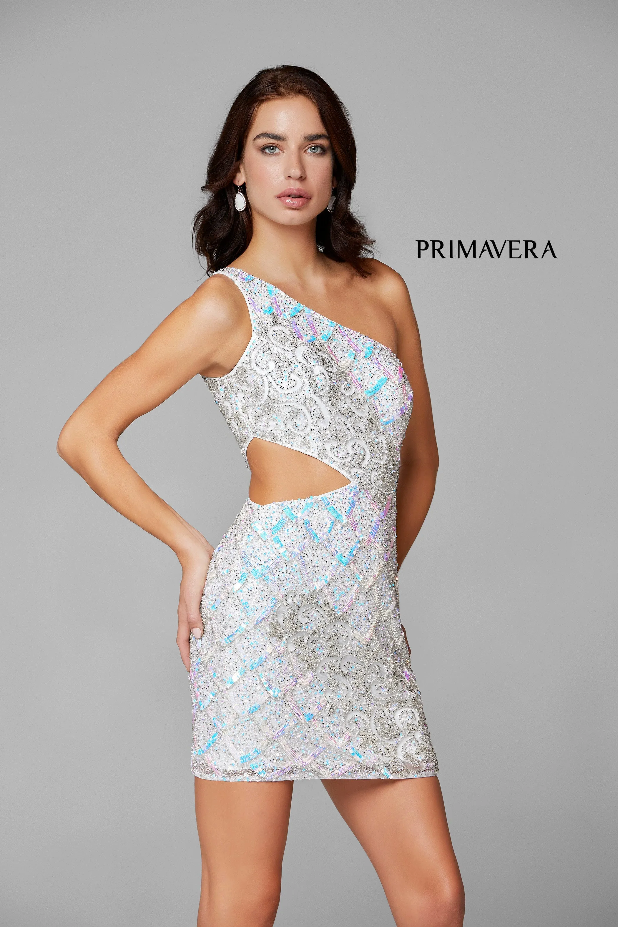 Primavera Couture 3504 Size 0 Powder Blue One shoulder Cut Out Embellished Cocktail Dress