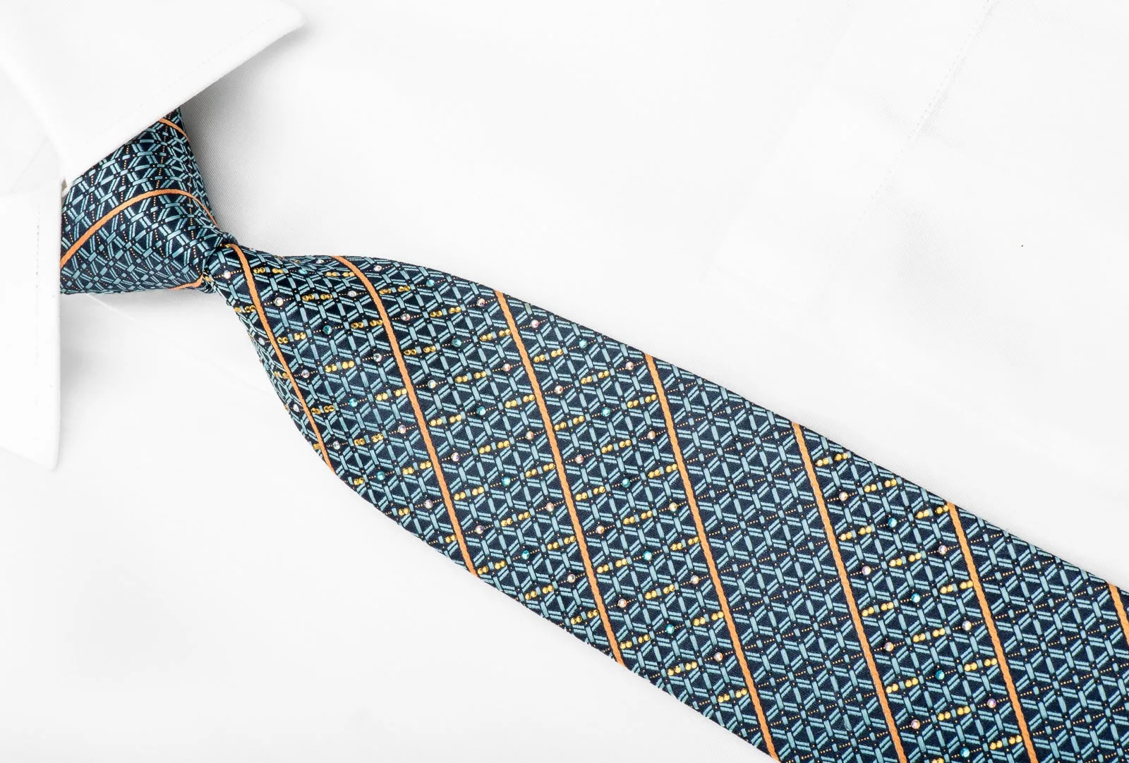 Renoma Men's Crystal Rhinestone Tie Trellis Orange Striped On Blue With Gold Sparkles