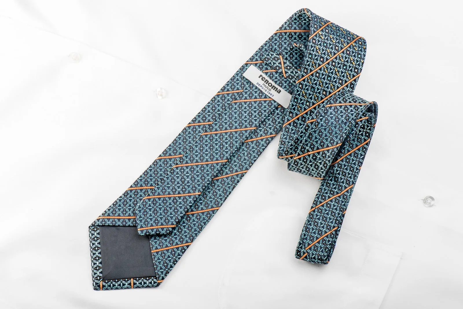 Renoma Men's Crystal Rhinestone Tie Trellis Orange Striped On Blue With Gold Sparkles