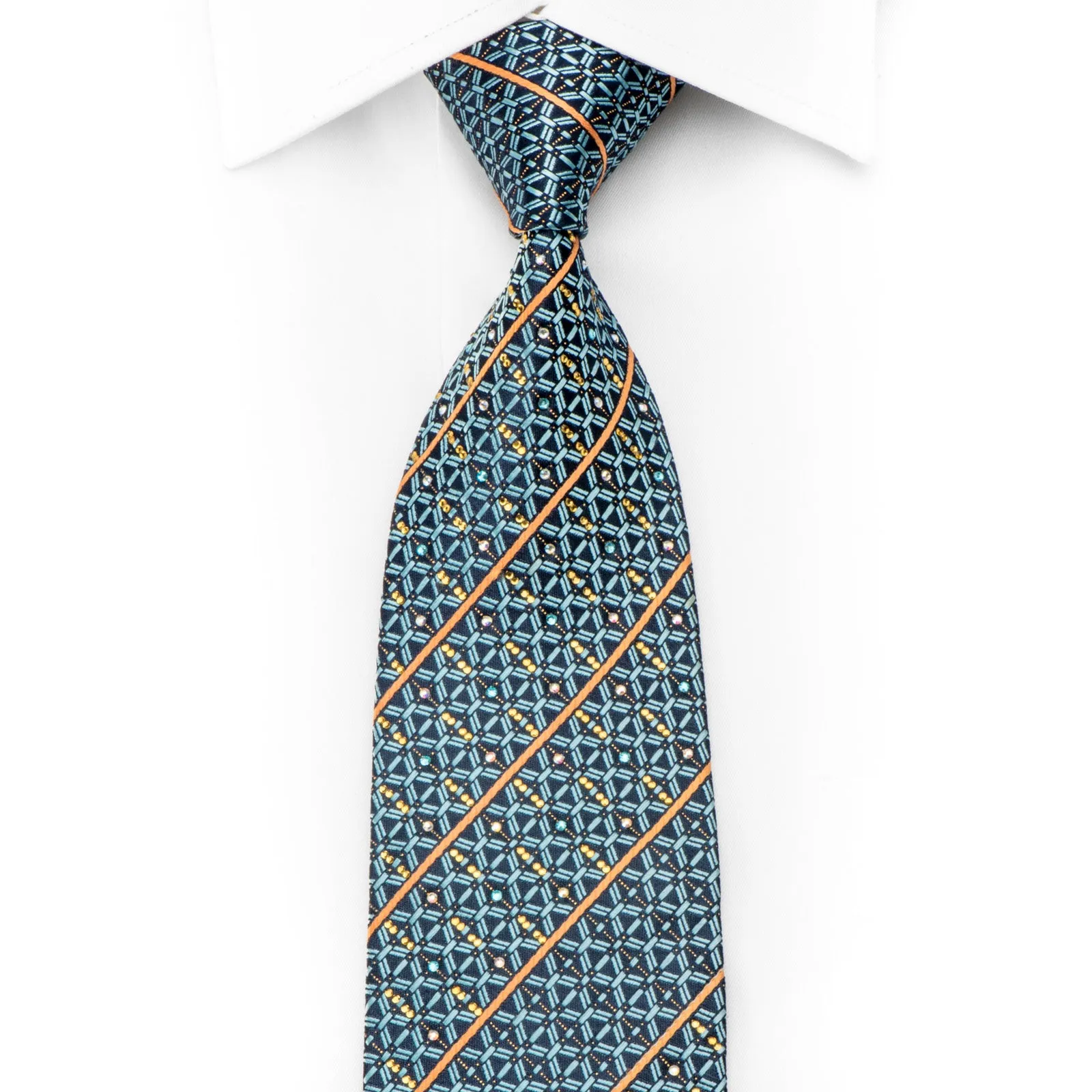 Renoma Men's Crystal Rhinestone Tie Trellis Orange Striped On Blue With Gold Sparkles